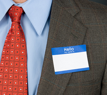 Hello my name is nametag on mans suit